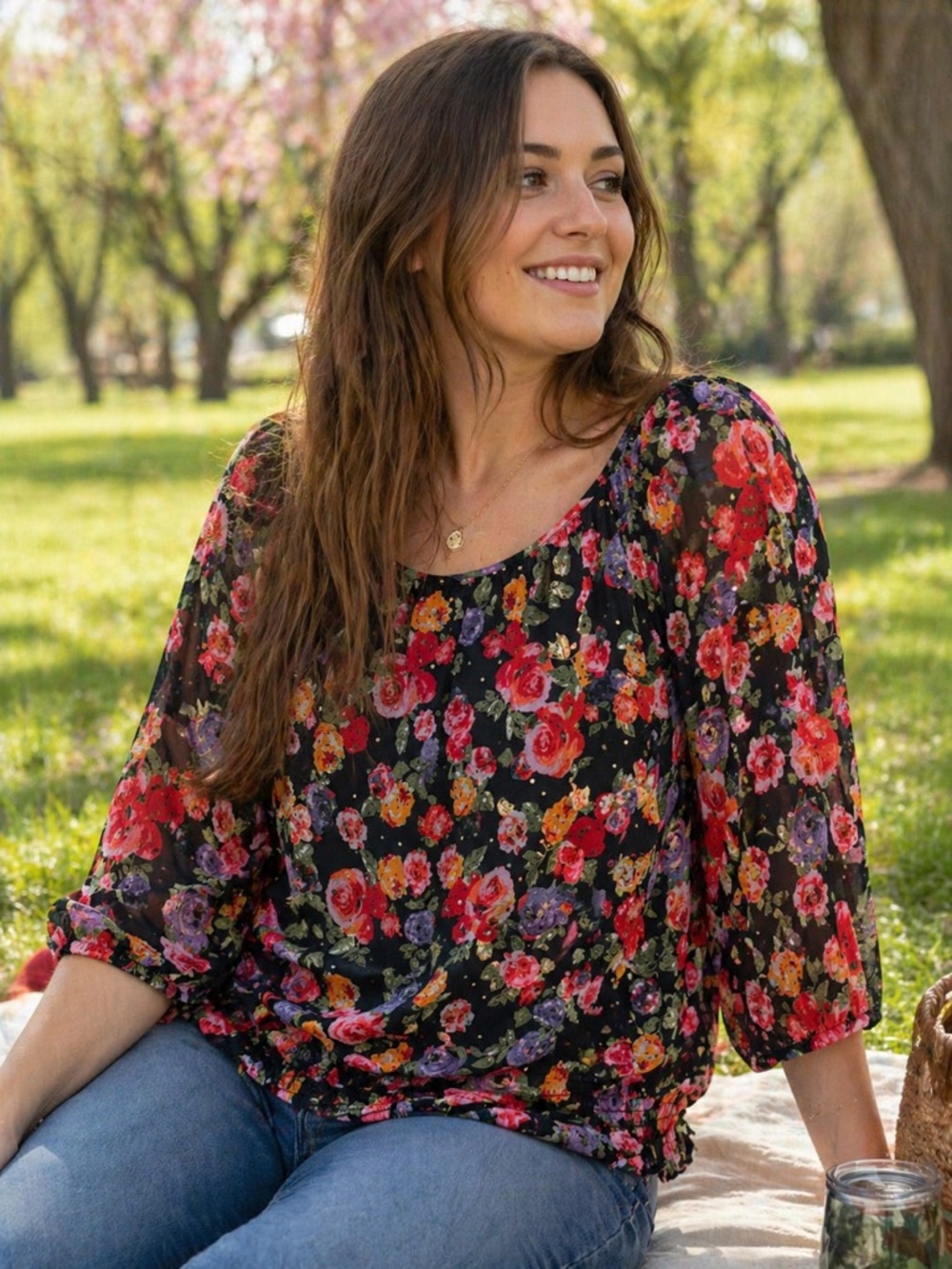 Cathy Daniels Black Floral Scoop-Neck Blouse with Red & Pink Roses